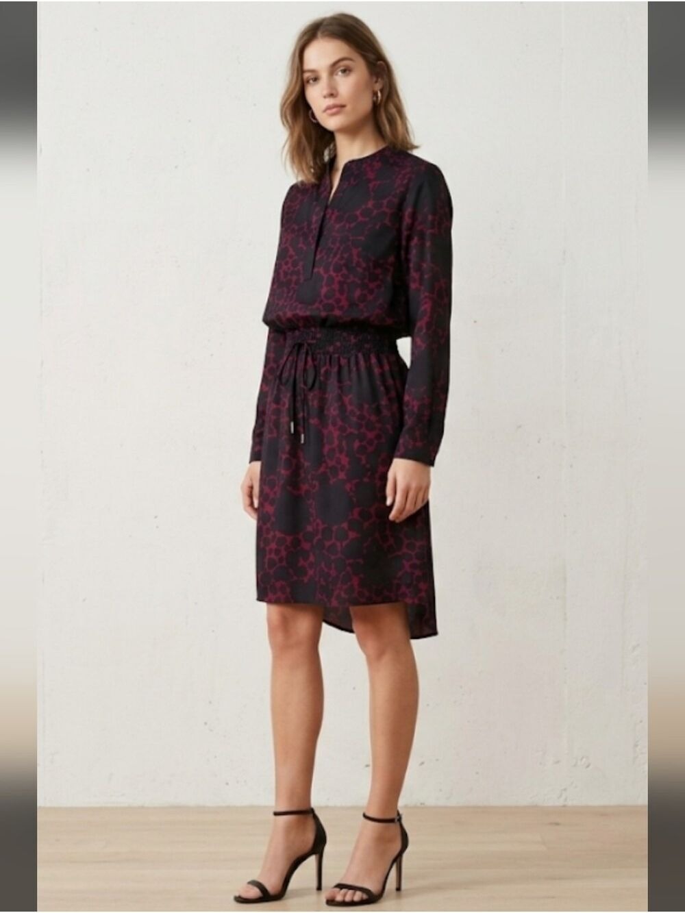 GAP Purple Navy Print Dress Long Sleeve Lightweight Womens M V-Neck Button Cinch